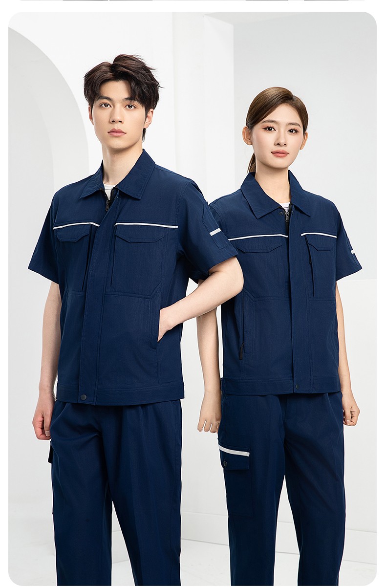 DM242D 夏季短袖工作服薄款反光條純色外套印字工廠廠服汽修工地勞保服(圖13)