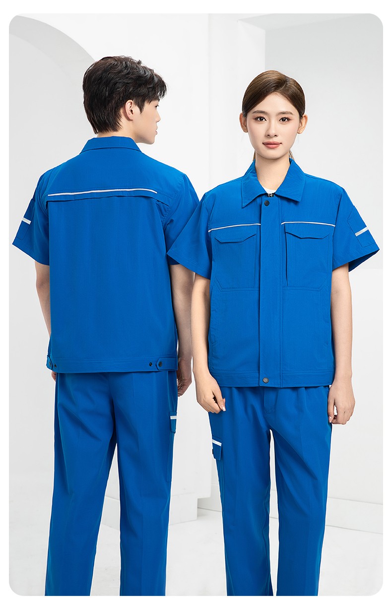 DM242D 夏季短袖工作服薄款反光條純色外套印字工廠廠服汽修工地勞保服(圖16)