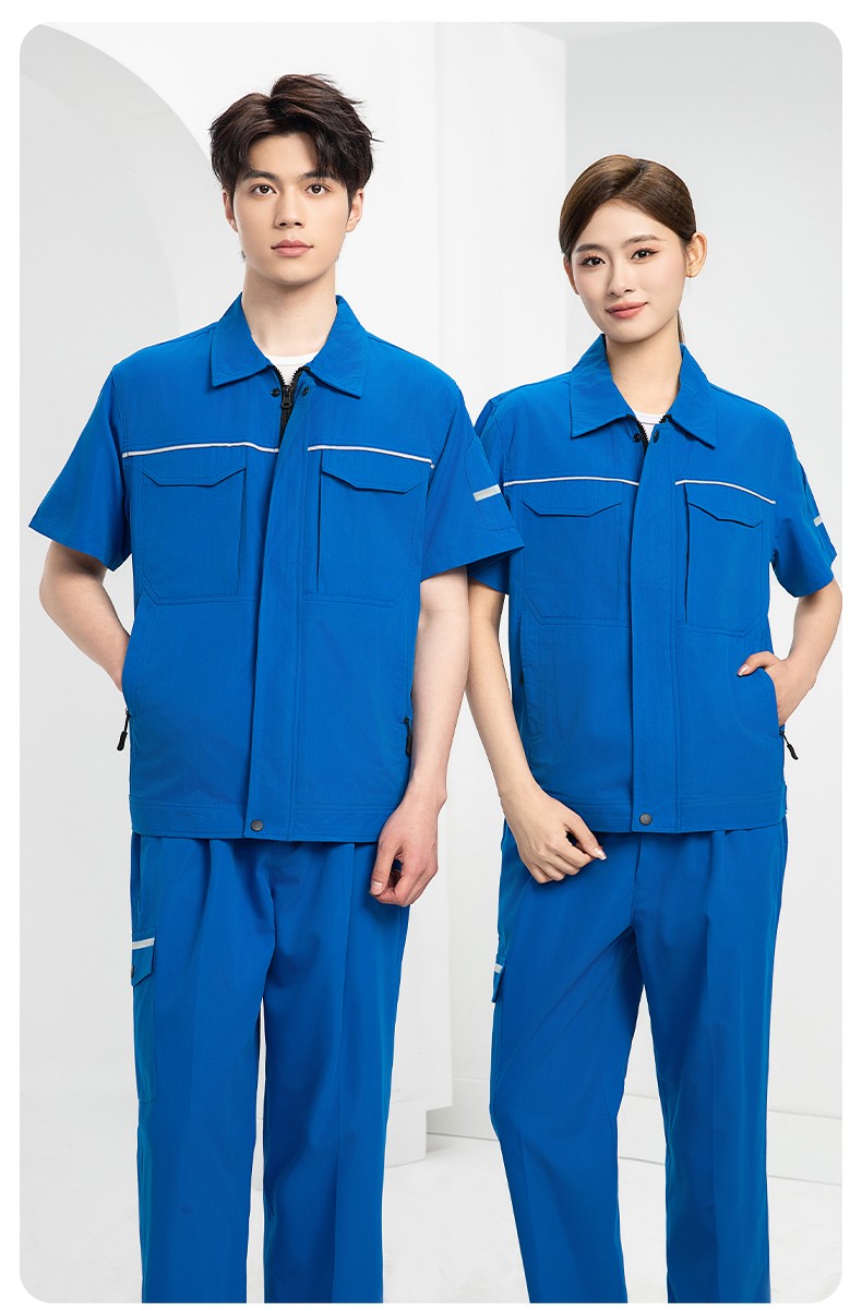 DM242D 夏季短袖工作服薄款反光條純色外套印字工廠廠服汽修工地勞保服(圖15)