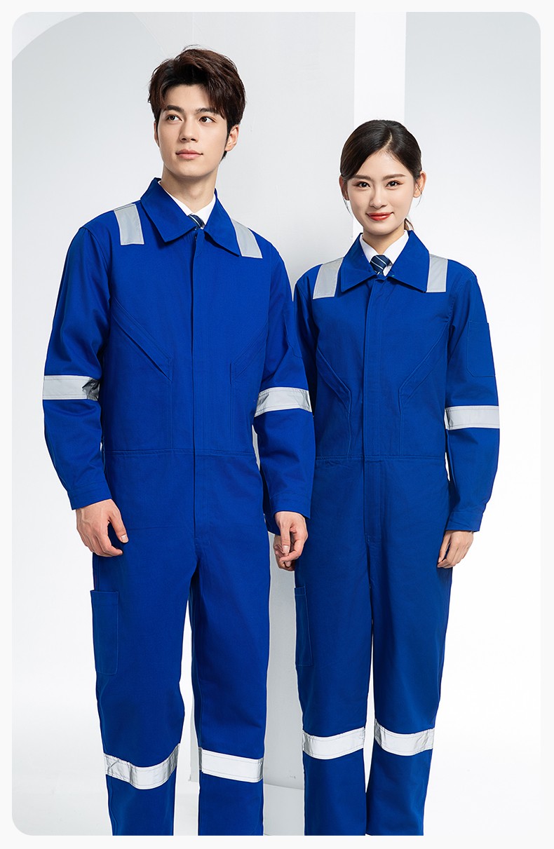 QM217 純棉連體工作服套裝男反光耐磨耐臟機(jī)修電焊工船廠海港定制勞保服(圖12)