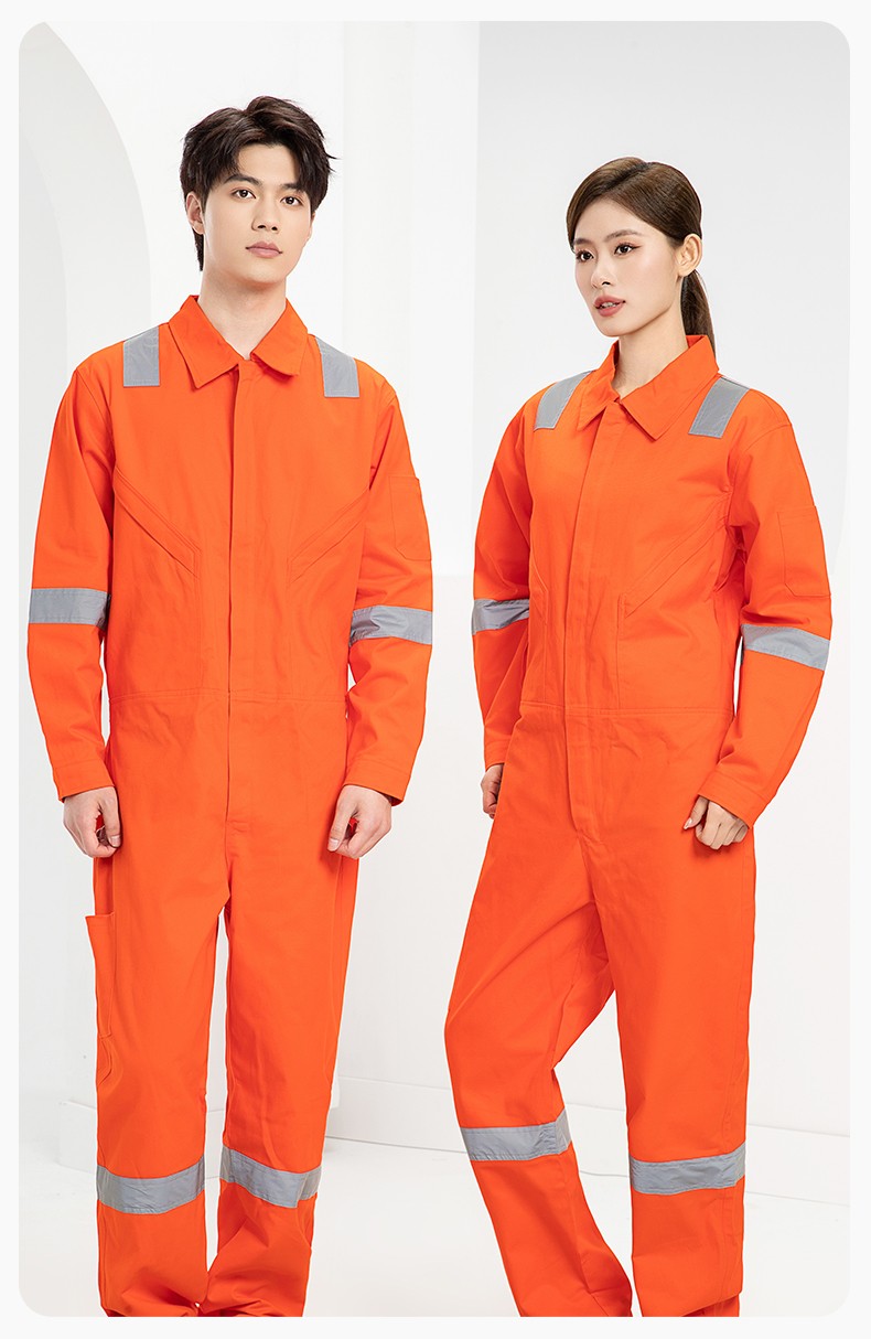 QM217 純棉連體工作服套裝男反光耐磨耐臟機(jī)修電焊工船廠海港定制勞保服(圖14)