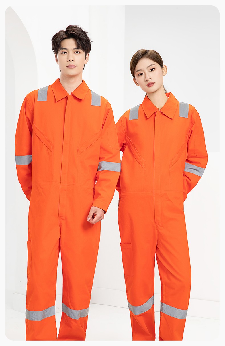 QM217 純棉連體工作服套裝男反光耐磨耐臟機(jī)修電焊工船廠海港定制勞保服(圖13)