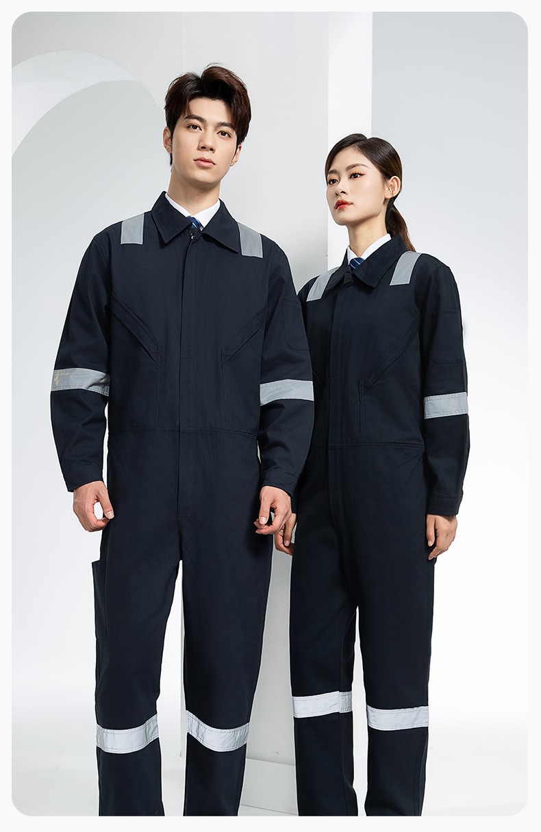 QM217 純棉連體工作服套裝男反光耐磨耐臟機(jī)修電焊工船廠海港定制勞保服(圖18)