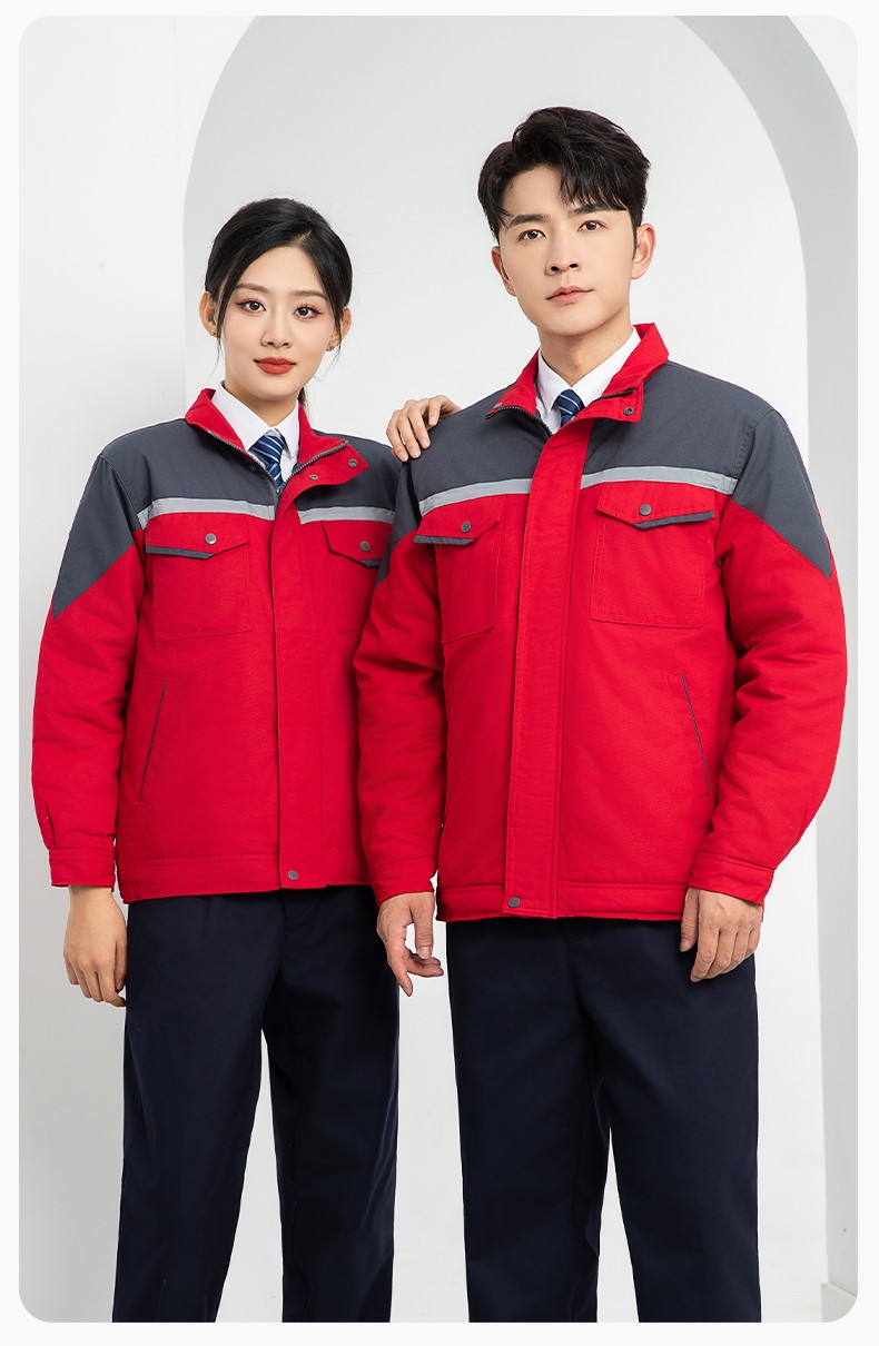 LJ-5811 冬季一體式棉衣工作服男拼色保暖工裝加油站維修廠車間勞保服定制(圖16)