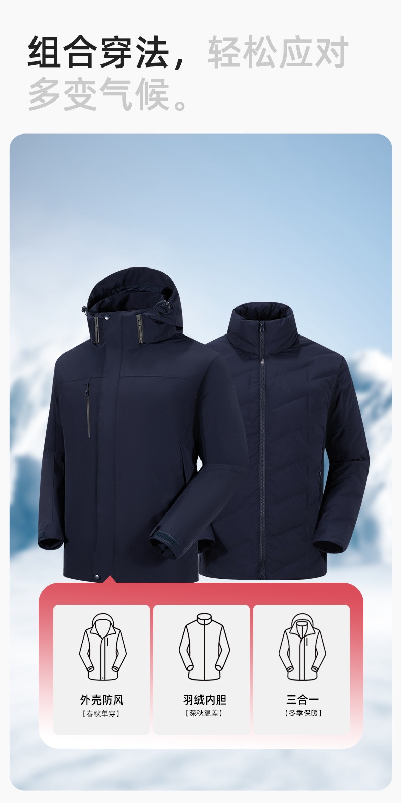 RH-60967 冬季三合一羽絨內(nèi)膽沖鋒衣防風(fēng)防雨保暖鎖溫登山騎行服定制(圖6)