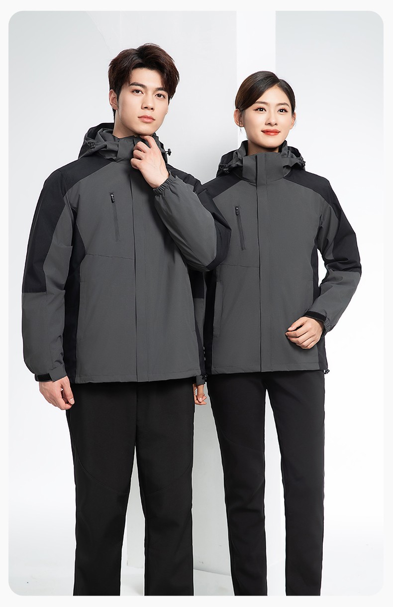 YX-X23 拼色工作服沖鋒衣外套男加絨可拆卸企業(yè)學(xué)校工裝印字登山騎行服定制(圖15)