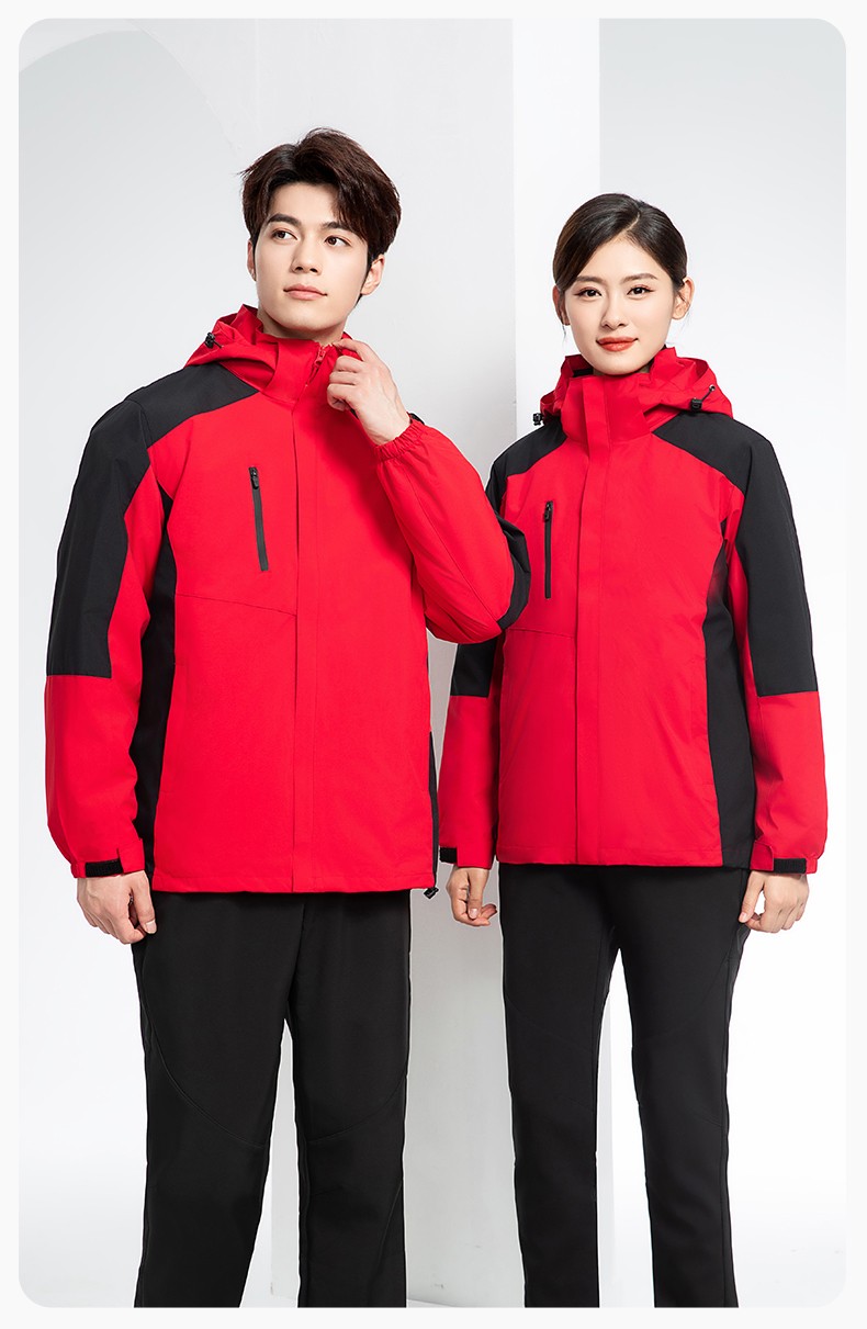 YX-X23 拼色工作服沖鋒衣外套男加絨可拆卸企業(yè)學(xué)校工裝印字登山騎行服定制(圖18)