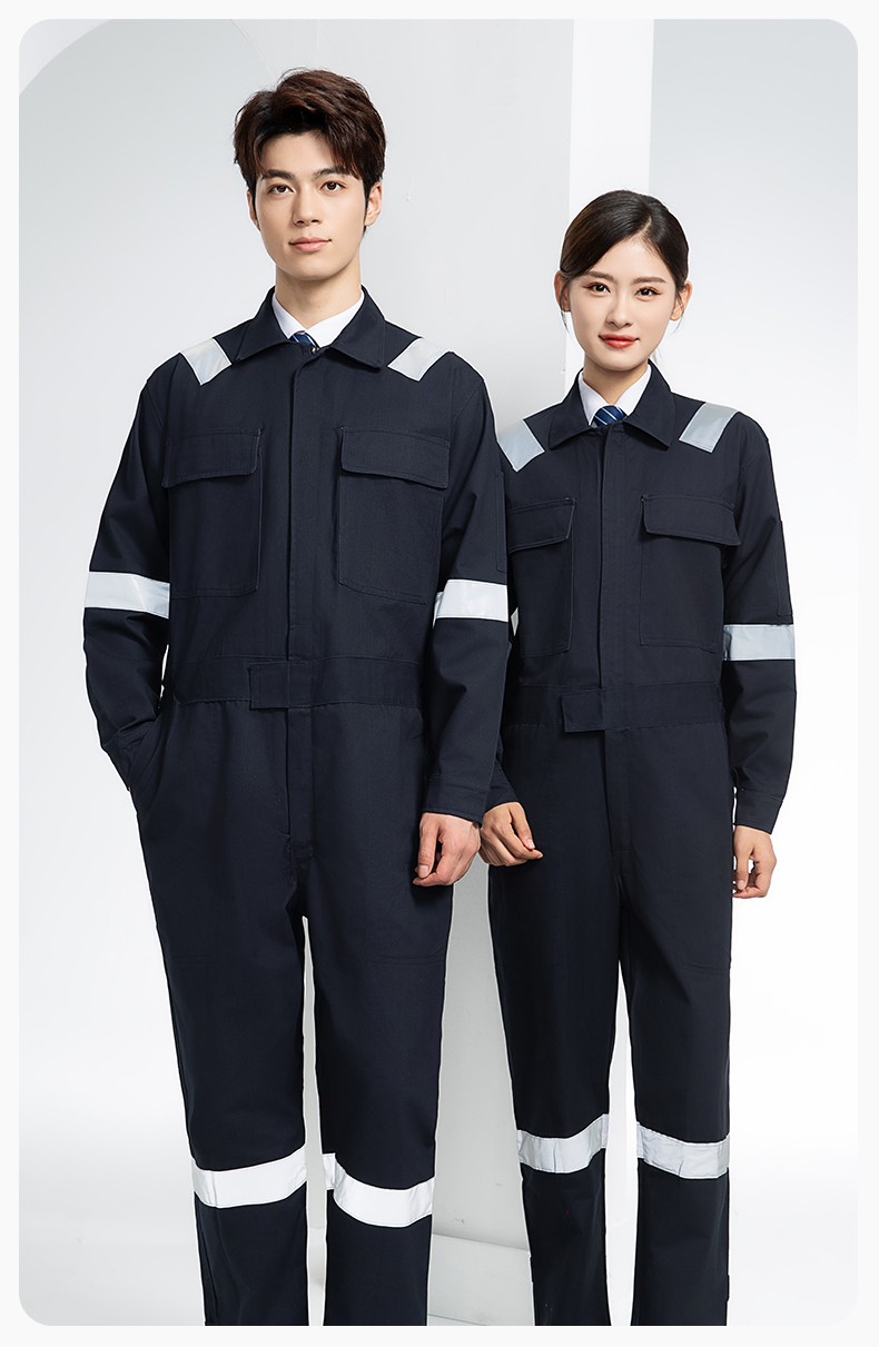 QM8669 純棉連體工作服定制男反光耐磨耐臟機(jī)修電焊工船廠海港定制勞保服(圖21)