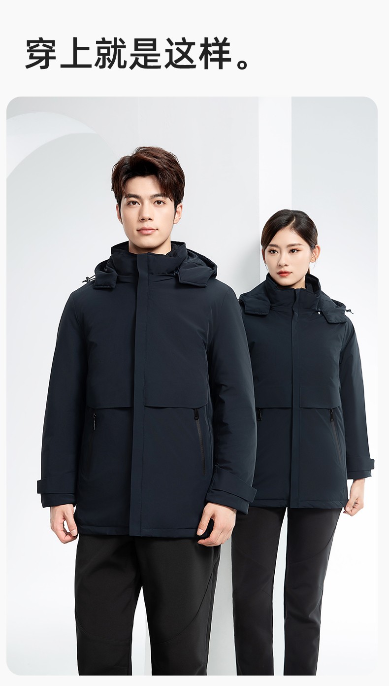 RH-6017 冬季羽絨沖鋒衣中長款工作服男純色加絨加厚保暖公司商務工裝定制(圖14)