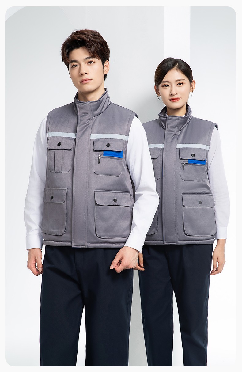 YJ-9901 冬季棉馬甲工裝立領(lǐng)純色反光條工作服多口袋拉鏈船廠加油站定制(圖14)