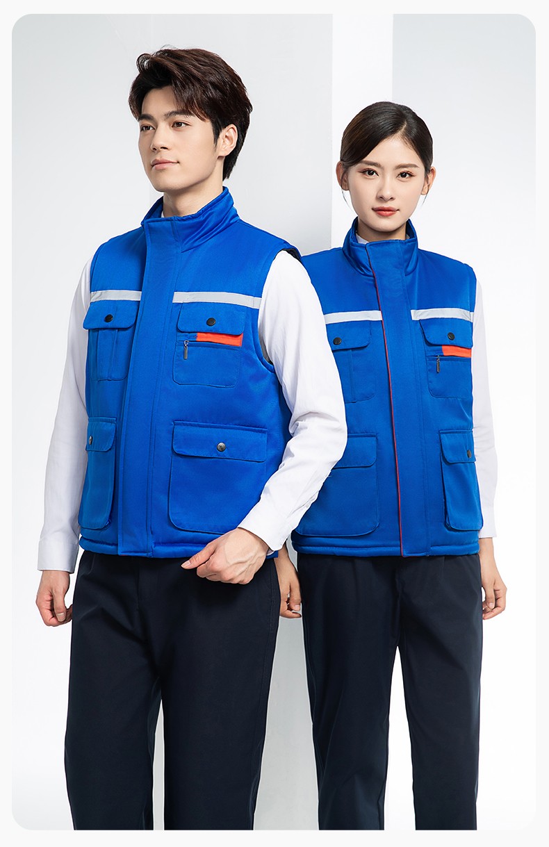 YJ-9901 冬季棉馬甲工裝立領(lǐng)純色反光條工作服多口袋拉鏈船廠加油站定制(圖19)