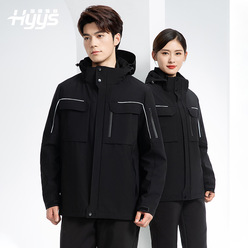 YJ-SK6016 冬季三合一沖鋒衣工作服連帽防風防水加絨加厚印logo工裝外套定制