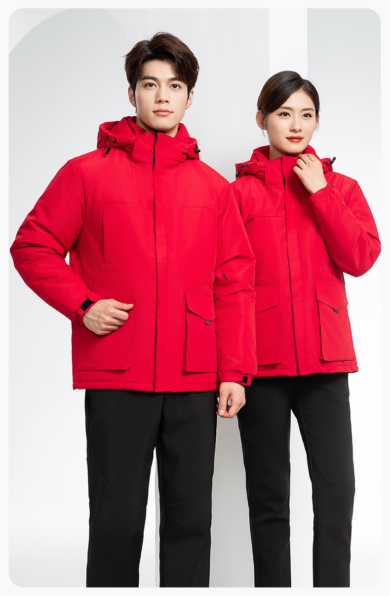 YJ-1916 冬季一體式純色沖鋒衣印LOGO男女兜蓋加厚保暖外套企業(yè)團(tuán)體服外套(圖16)