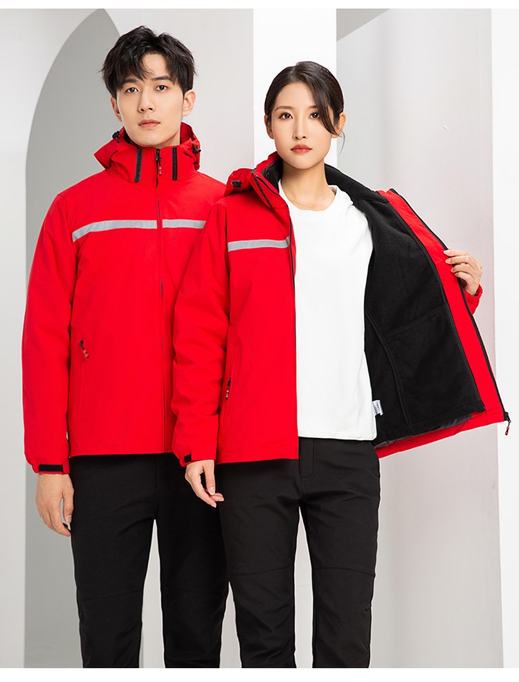 YJ-9805 沖鋒衣定制男女純色可拆卸三合一外套反光條保暖工裝戶(hù)外工作服(圖22)